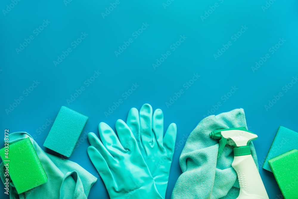 cleaning products household chemicals spray brush sponge glove - obrazy, fototapety, plakaty 