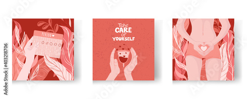 Cute set of hand drawn elements of women menstruation period theme in cartoon flat style. Vector concepts collection of women crtical days. Various feminine hygiene zero waste products