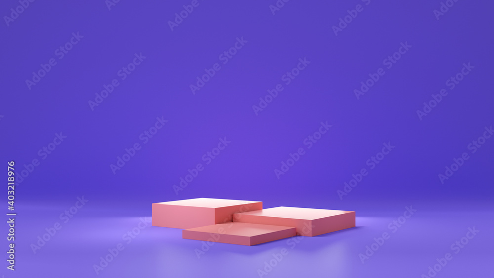 Purple or violet gradient studio and pink pedestal display for product shelf. Empty room interior design with podium for advertising. 3D rendering. Purple or violet gradient studio and pink pedestal display for product shelf. Empty room interior design with podium for advertising. 3D rendering.
