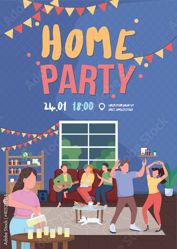 Home party poster flat vector template. Home activity with friends and family. Brochure, booklet one page concept design with cartoon characters. Holiday celebration place flyer, leaflet