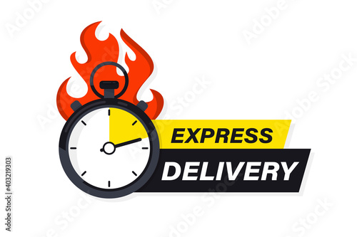 Speeding stopwatch on fire with inscription express delivery. Sticker, Fast delivery. Timer and express delivery. Urgent shipping services. Online delivery, quick move. fast distribution service 24/7
