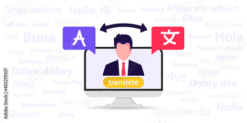 Online multi language translator. Different languages. Translation app. Online translator. The word hello in different languages. Synchronic translation services. Using translator on computer