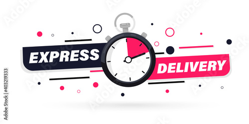 Express delivery with Stopwatch icon for apps and website. Fast delivery. Timer and express delivery inscription. Urgent shipping services.Delivery quick move. Fast distribution service 24/7 photo