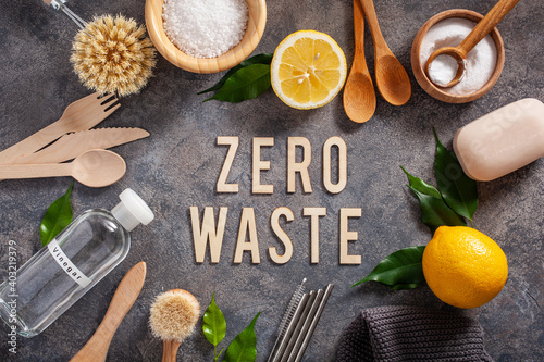 zero waste eco friendly cleaning concept. wooden brushes  lemon  baking soda  vinegar