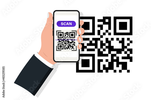 Hand holding smartphone with QR code scanner. QR code scanner. Scanning qr code, barcode on mobile phoneю Concept contactless payment , online shopping , cashless technology