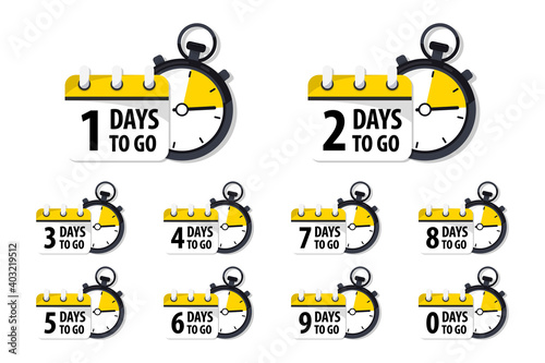 Days Left Badges and Stickers. Count time sale. Number of days left. Countdown left days banner. Count down vector banner template. Nine, eight, seven, six, five, four, three, two, one, zero days left