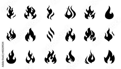 Collection flames of different shapes. Set of Burning Fire, flames vector icons. Flame, Fire Vector signs. Black fire flat vector illustration. Flames icons. Energy and power. Hot flaming.