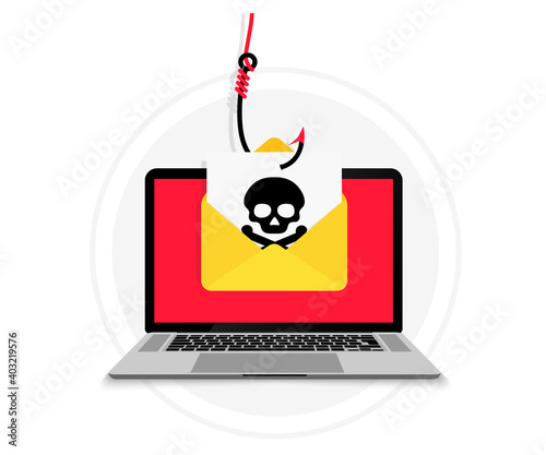 Account theft. Laptop with email envelope in fish hook. Hacking and identity theft. Email data phishing. Scam email message distribution, malware spreading virus. Hacking concept. Spyware, malware.