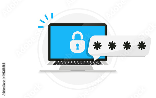 Laptop with password notification and lock icon. Password secure access on laptop for landing page, web, poster, banner, layout, template. Forgot account login and password. PC with lock and password