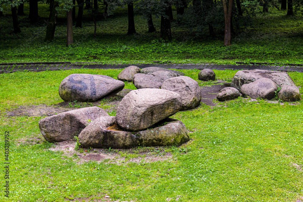 Composition of stones in the park on a summer day