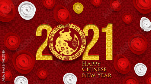 2021 Chinese New Year Greeting Card. Year of the Ox. Chinese New-Year. Paper cut with Ox and Flowers. gong xi fa cai 2021. Hieroglyph - Zodiac Sign Ox. Place for your Text.