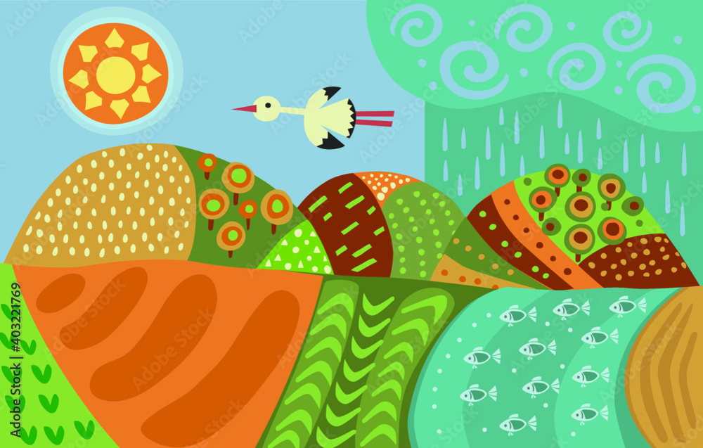 Fototapeta premium Abstract field or vegetable garden. Image of farm with crop. River or lake with fish. Hills with trees. Beautiful garden. Village landscape with rain. Children's drawing. Vector illustration. 