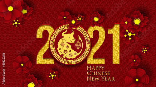2021 Chinese New Year Greeting Card. Year of the Ox. Chinese New-Year. Paper cut with Ox and Flowers. gong xi fa cai 2021. Hieroglyph - Zodiac Sign Ox. Place for your Text.