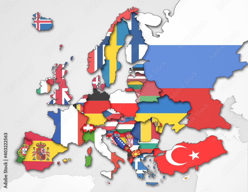 3D Europakarte inkl. Zwergstaaten mit Flaggen der verschiedenen Staaten Stock Illustration 