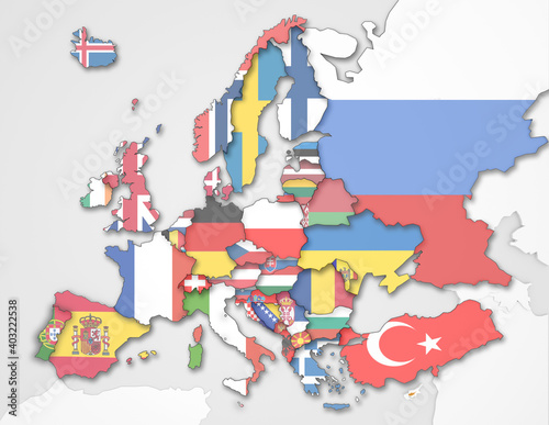 3D Europakarte inkl. Zwergstaaten mit Flaggen der verschiedenen Staaten (transparent)