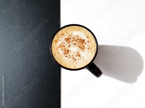 cup of coffee. Coffee concept. Drink background. Creative layout made of Cappuccino on white background. Top view image of coffee cup. 