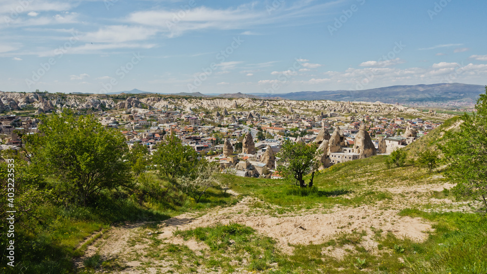 Panorama from a top of a hill over Goreme at Cappadocia, Anatolia, Turkey