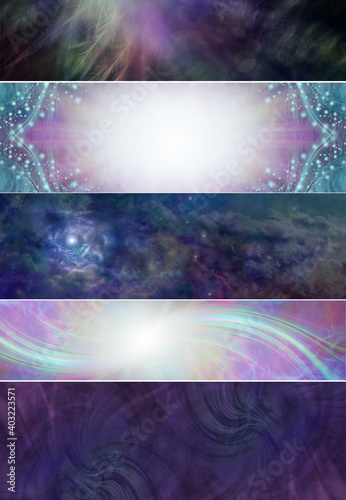 5 different Spiritual Banner heads - a selection of five wide website headers with ethereal feathers, shimmering sparkles, cosmic space and healing light trails 
