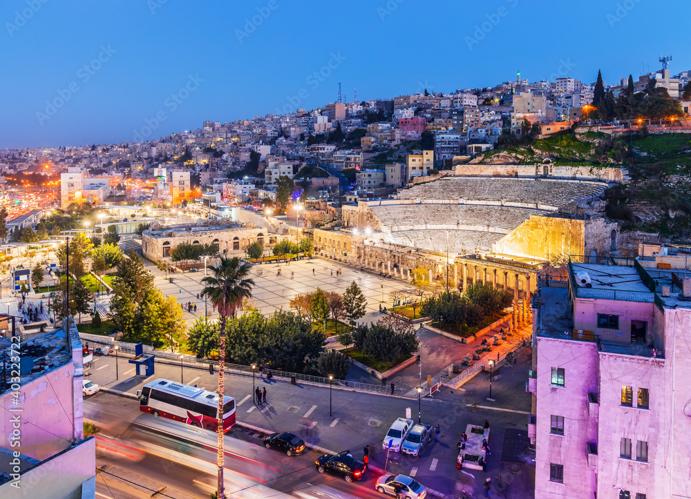 Amman, Jordan. View of the Roman Theater and the city in the evening.