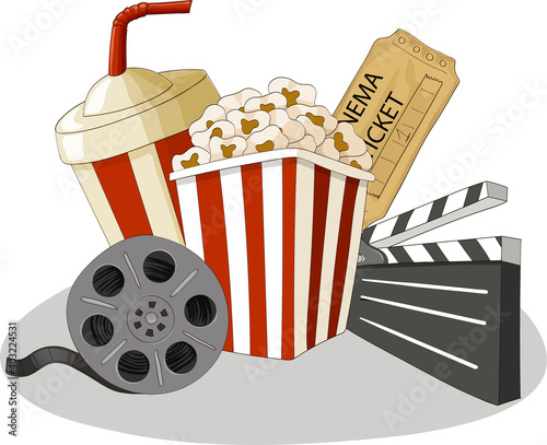 Composition of cinema objects, popcorn, cola, ticket, clapperboard, film. Cartoon style vector illustration.