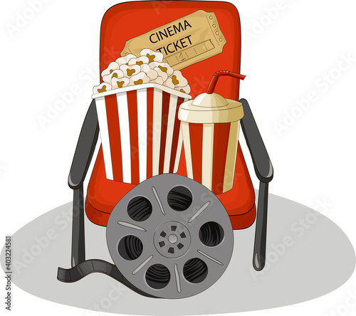 Composition of cinema objects, popcorn, cola, ticket, armcheir, film. Cartoon style vector illustration.