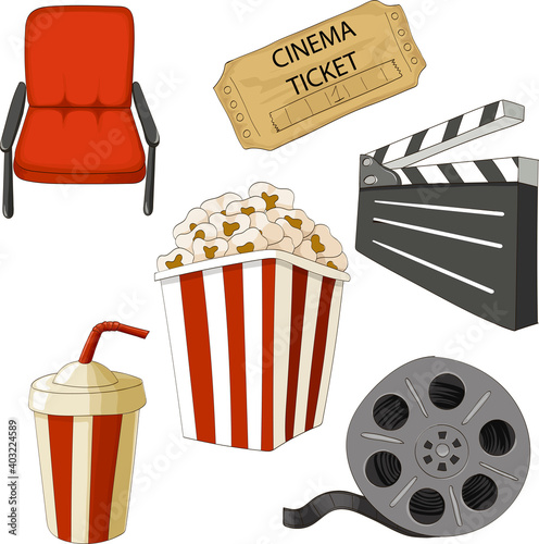 Set of cinema objects, popcorn, cola, ticket, armcheir, film, clapperboard. Cartoon style vector illustration.