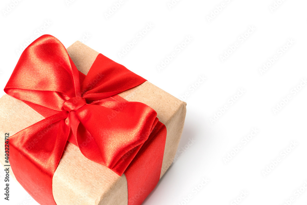 Christmas card with gift box red ribbon on white background. Copyspace. Christmas card with gift box red ribbon on white background. Copyspace.