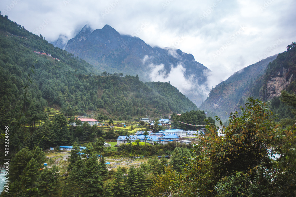 Phakding village in the Himalayan mountains, Nepal
