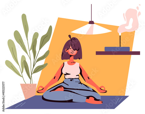 Young woman practising yoga at home doing lotus pose to meditate fro health care and general relaxation. Flat design Illustration. Vector.