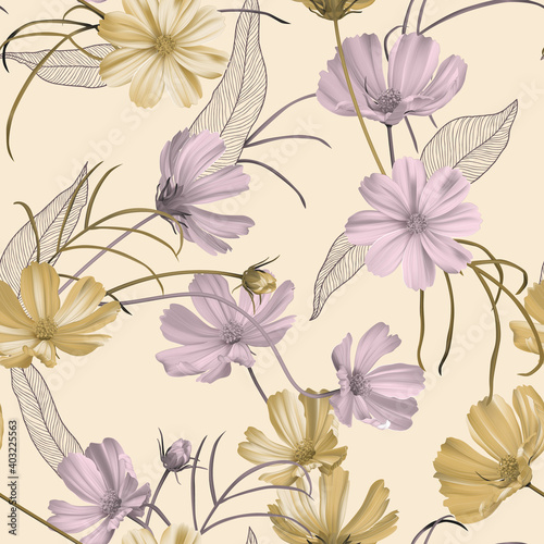 Floral seamless pattern, purple and yellow cosmos flowers with leaves on brig...