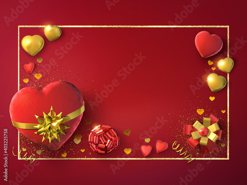 Decorative hearts and ribbon bows isolated on a red background for Valentine's Day. 3D rendered illustration with copy space