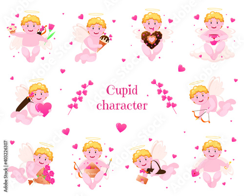 Set of Valentine's Day elements cartoon angels isolated on white background. Cupids in different poses for a banner postcard poster and invitations. Vector illustration