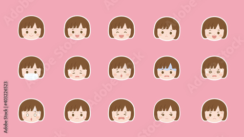 女の子　顔　表情　バリエーション　セット　白縁
