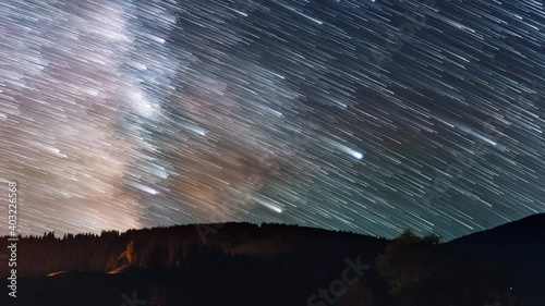 Timelapse of moving star trails in night sky. The Milky Way Galaxy trails moving
