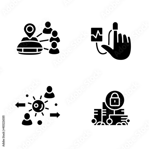 New normal concept glyph icons set. Health care and prevention culture. Social isolation and global automation filled flat signs. New life after covid19. Isolated silhouette vector illustrations