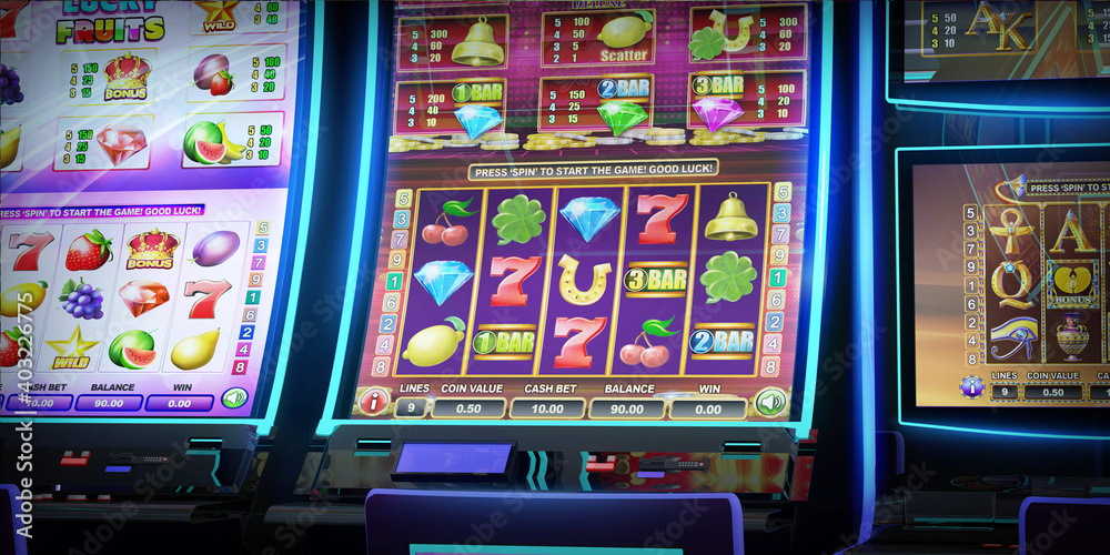 Casino gambling banner with video slot machines of various themes in a play room. 3D rendered illustration 