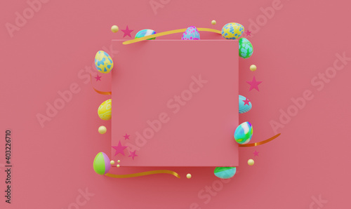 Easter pink template with painted eggs. Design for posters, flyers, brochures or vouchers. 3D render