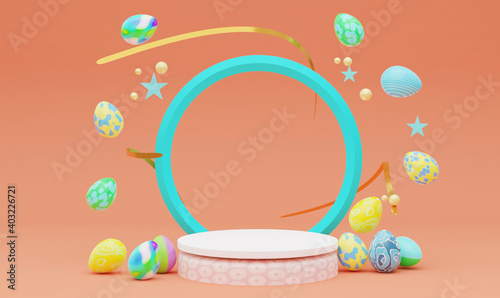 Easter product podium platform with decorative elements. 3D render