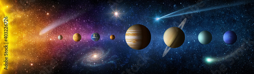 Sun, Mercury, Venus, planet Earth, Mars, Jupiter, Saturn, Uranus, Neptune. , galaxies, stars, comet, asteroid, meteorite.. Space panorama of the universe. Elements of this image furnished by NASA