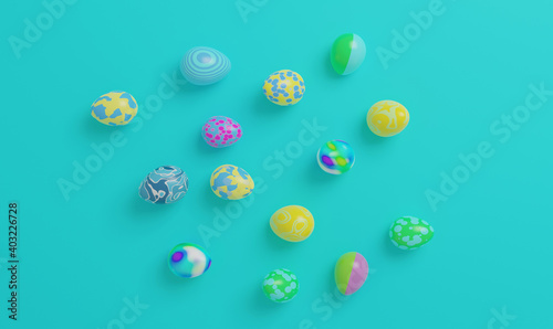 Easter eggs flatlay top view on blue background. 3D render