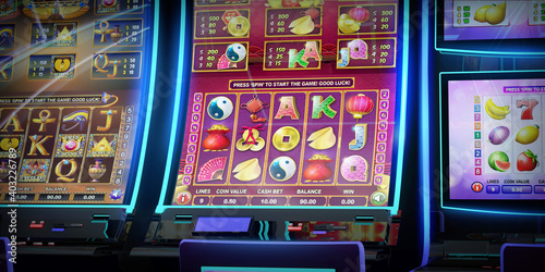 Casino gambling banner featuring slot machines of various themes at the casino. 3D rendered illustration 