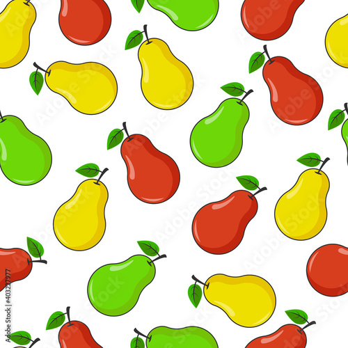Pear seamless pattern. Red, yellow and green pears on a white background. Vector illustration