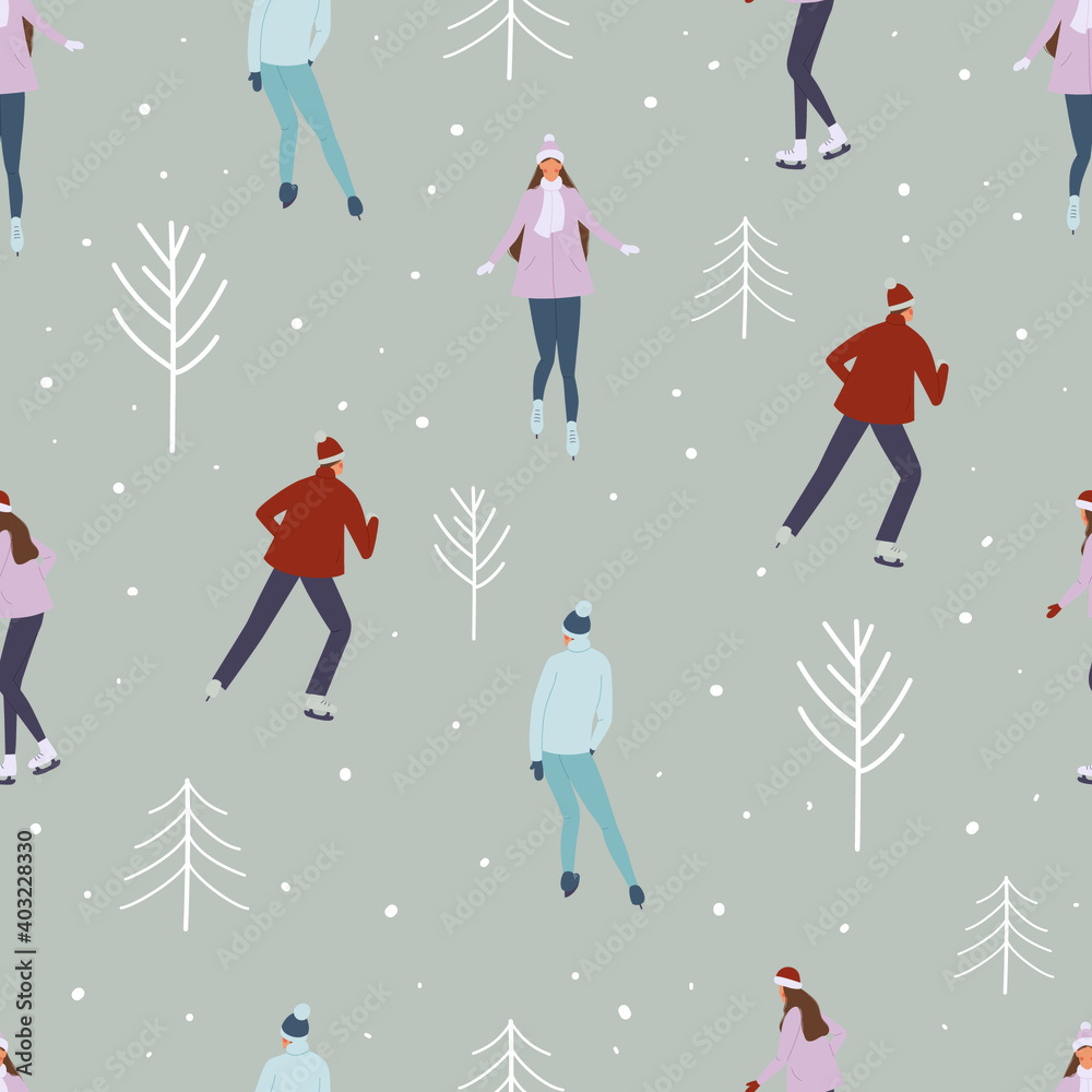 Background with ice rink with various people skating. Winter ice rink party with cartoon characters and falling snow. Crowd of people dressed in winter clothes ice skating on rink. Vector illustration
