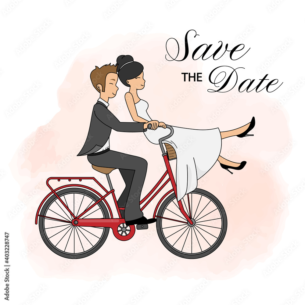 Wedding invitation card. Wedding couple on bicycle Stock Vector Adobe