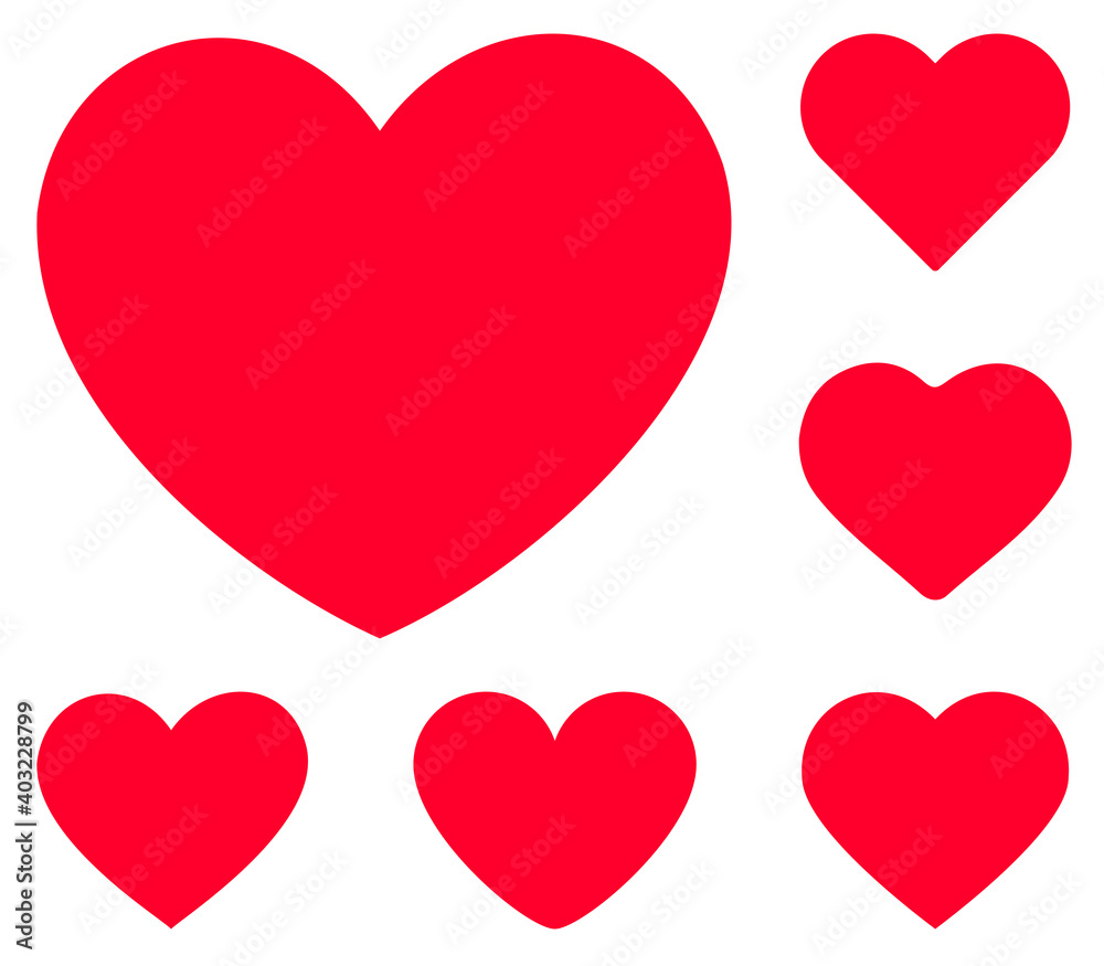Set of red hearts flat icons.