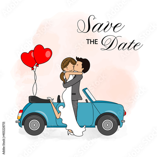 Wedding invitation card. Bride and groom embraced in front of the car