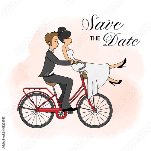 Wedding invitation card. Wedding couple on bicycle