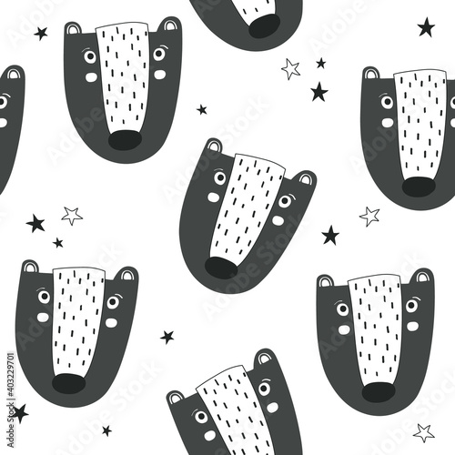 Seamless pattern, bears, stars, hand drawn overlapping backdrop. Black and white background vector. Illustration with animals. Decorative wallpaper, good for printing