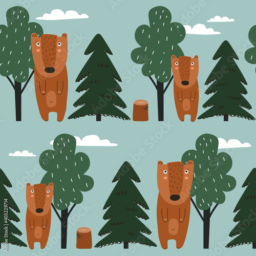 Seamless pattern, bears, trees, fir trees, hand drawn overlapping backdrop. Colorful background vector. Illustration with animals. Decorative wallpaper, good for printing