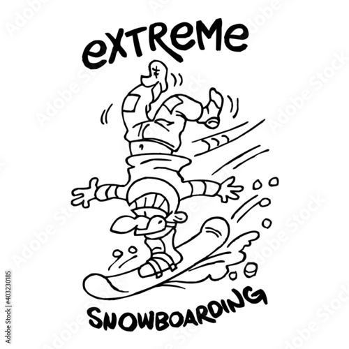 Extreme snowboarding, snowboarder doing handstand on board and going downhill, winter sport joke, black and white cartoon